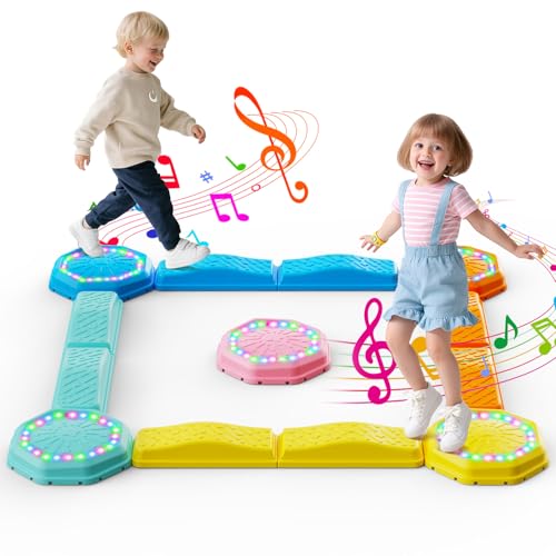 Holyton Music Light Up Balance Beam and Toddler Stepping Stones 13 Pieces, Non-Slip Plastic Balance Stackable Stepping Stones for Kids, Sensory Toys for Toddlers, Indoor or Outdoor Play, Easy Storage