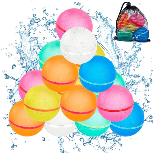 Pilikoll 16 Stück Wiederverwendbare Wasserbomben Selbstschließend Silikon Magnet Wasserbomben Silikon Wasserbombens Selbstschließend mit 1 Mesh Bag für Kinder, Erwachsene, Strand, Poolparty