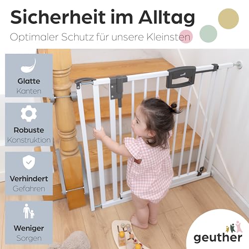 Geuther Treppenschutzgitter Easylock Plus | Türschutzgitter ohne Bohren inkl Klemmen | Breite 84,5-92,5 cm | Türgitter Baby Holz-Metall | Kinderschutzgitter beidseitig öffnend | Kindersicherung | Weiß