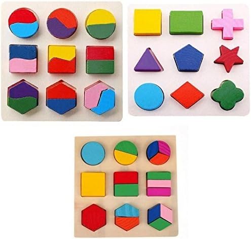 Grizzly Wooden Geometry Matching Puzzles Stacking Building Blocks Early Educational Toys (Set of 3 Boards)