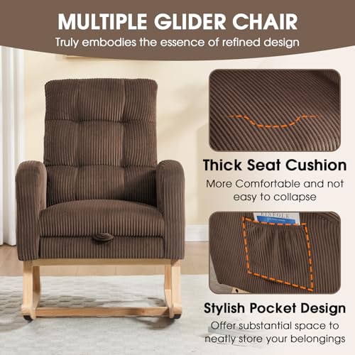 Image of NIOIIKIT Nursery Rocking Chair, Corduroy Upholstered Rocking Chair with Adjustable Footrest, Tufted Rocker Chair with Side Pocket, Glider Rocker for Living Room, Bedroom (Brown Retro)