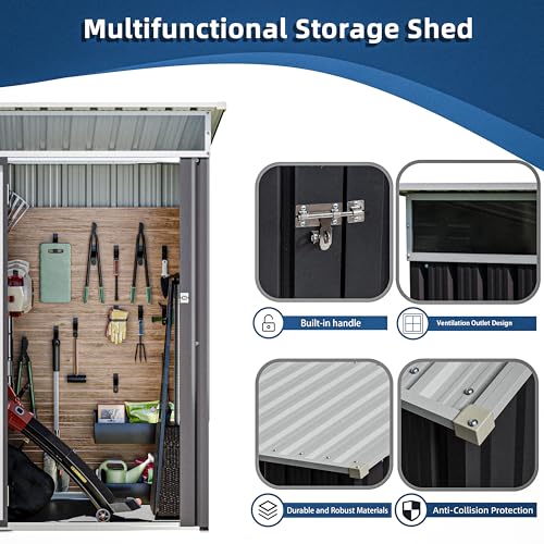Image of JY QAQA 5x3 FT Outdoor Garden Storage Shed, Waterproof Metal Garden Sheds with Window and Lockable Double Door, Weather Resistant Steel Tool Storage House Shed for Patio, Lawn Dark Gray