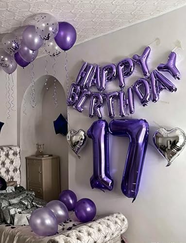 Image of Purple Happy Birthday Balloon Banner, 16 Inch Foil Letter Balloons, Purple Birthday Decorations for Women Girls Teens, Adult Birthday Party Photo Backdrop