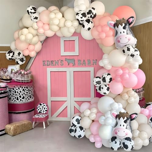 Image of Cow Print Balloons, 60PCS Pastel Pink Cow Print Latex Balloons, Pink Cream Beige White Balloons for Girls Birthday Baby Shower Cowgirl Rodeo Farm Animals Gender Reveal Party Decorations Supplies