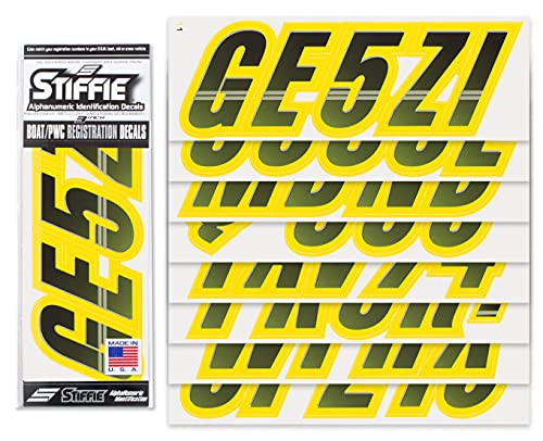 Image of STIFFIE Techtron Black /Electric Yellow 3 inch Boat & PWC Registration Decals • Numbers Letters Stickers
