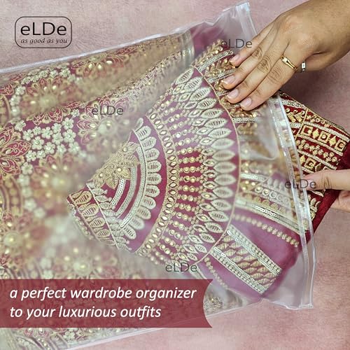 Image of eLDe Set of 8 Saree Covers for Storage | Large Clothes Organizer for Wardrobe, Transparent Saree Bags with Zip | Saree Organiser for Wardrobe, Lehenga & Blouse Organizer, Travel Clothes Storage Bags