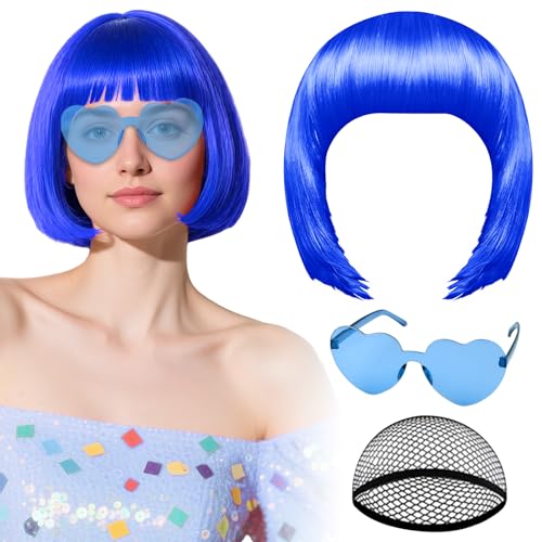 PLULON Royal Blue Bob Wig with Heart Sunglasses and Hair Cap Colorful Short Bob Wigs Synthetic Party Wigs Funny Cosplay Hairpieces for Women Men Neon Bachelorette Halloween Costume Party Decorations