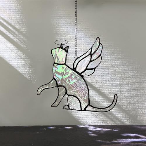 Stained Glass Featuring a Holographic Angel cat, Memorial Gift for The Loss of a cat, Intended to be Hung on a Window as a Remembrance of The cat That has Passed Away
