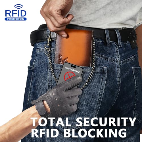 Mens Wallet with Chain RFID Blocking Genuine Leather Bifold Purse for Men with ID Window and Zip Coin Pocket.(Brown)2