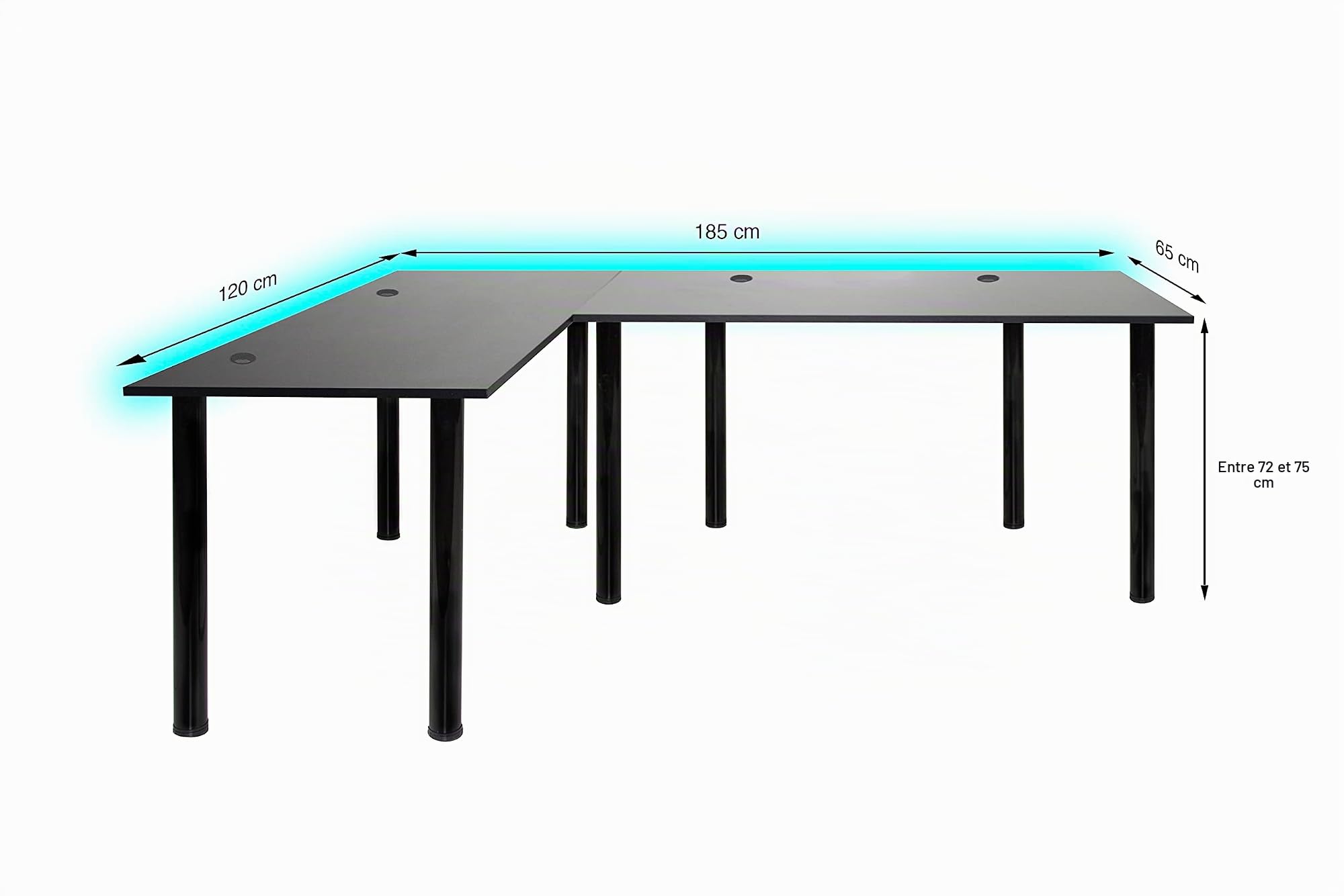Bureau d'angle Gaming Pro LED - 185 x 120 cm - avec LED - Grand Bureau d'ordinateur - Solide (Gauche)
