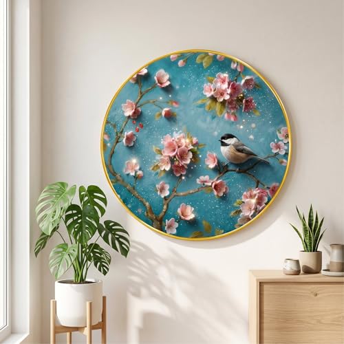 Image of SAF Bird and Blossom Wall Painting with Golden PVC Frame Round Floral Nature Art Modern Decorative Wall Decor for Living Room Bedroom Office Home Elegant Gift Item (20 x 20 Inch) GRL-359