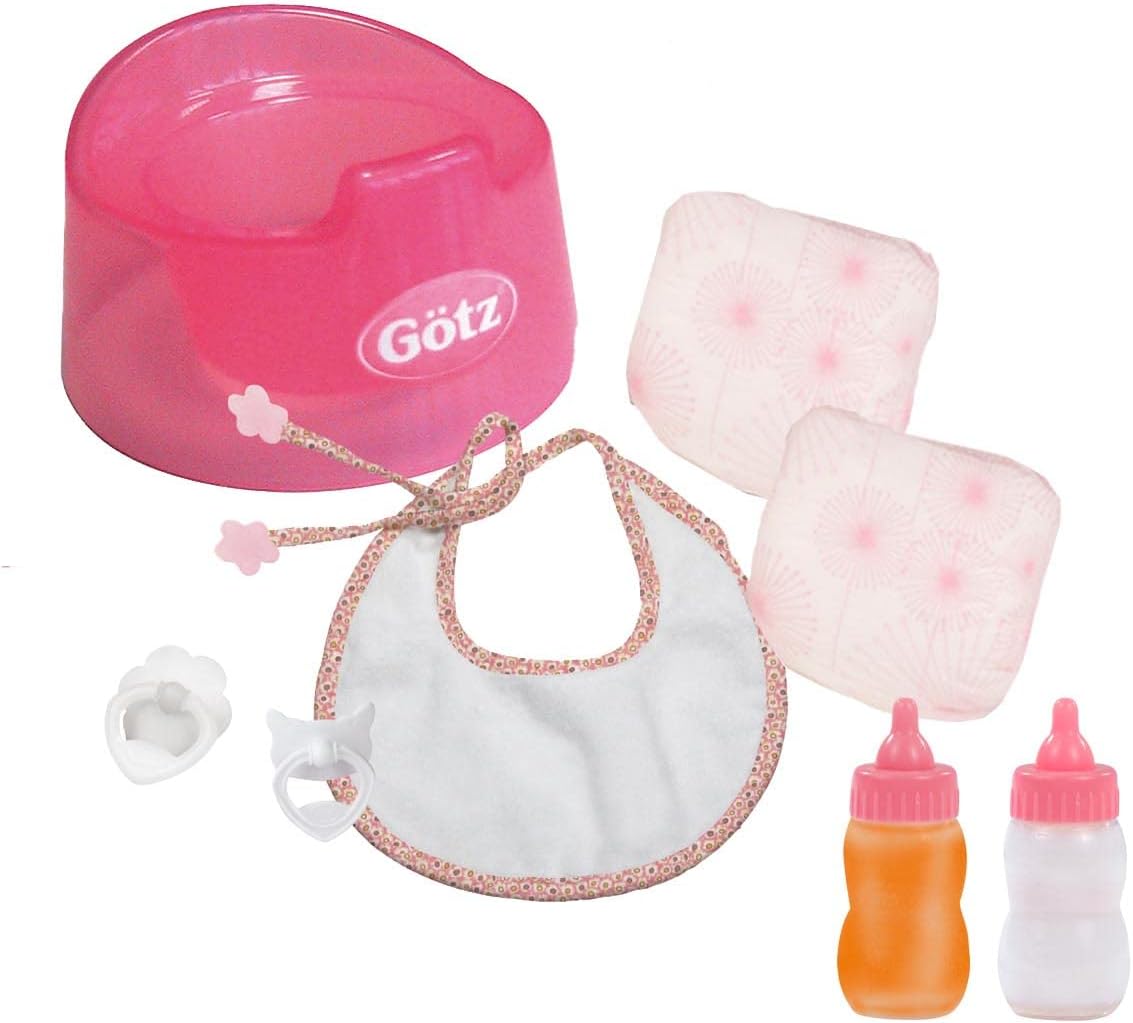 Gotz Basic Care Potty Training Set for Baby Dolls up to 16.5" - Includes Potty, Bib, Diaper, Milk Bottle and Juice Bottle