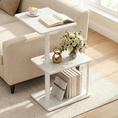 Image of Faesun 360 Swivel Side Table for Height Adjustable, C Shaped End Table for Couch with Storage, 3-Tier Night Stand with Open Shelf, Tv Tray for Small Spaces, Living Room, Bedroom, White