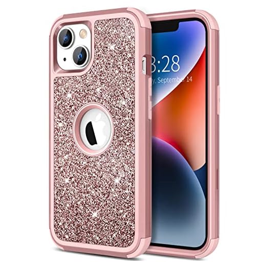 Hython for iPhone 14 Case, Heavy Duty Full-Body Defender Protective Phone Cases Glitter Bling Sparkle Hard Shell Hybrid Shockproof/Dustproof/Drop proof 3-Layer Military Rubber Bumper Cover Women Girls