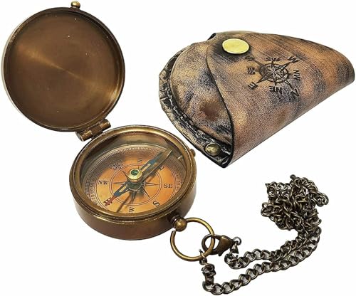 Brújula de bolsillo náutica de latón antiguo con estuche de cuero para camping y senderismo miniatura 5