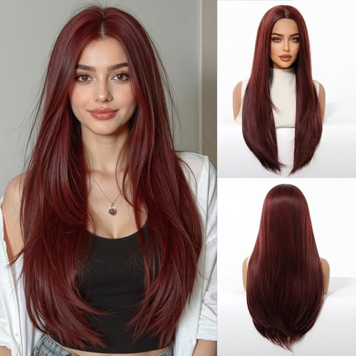 OUFEI Parrucche castane rosse per donne Capelli lunghi naturali lisci in fibra sintetica Parrucche resistenti al calore per tutti i giorni, feste e cosplay