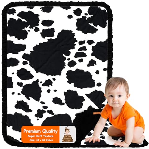 Image of Dear Baby Gear - Reversible Baby Blankets - Soft Nursery Blanket for Newborn - Toddler Blankey - Throw Blanket for Boys & Girls - Infant Blankets - 43x33 (Holstein Cow w /Black Ruffles)