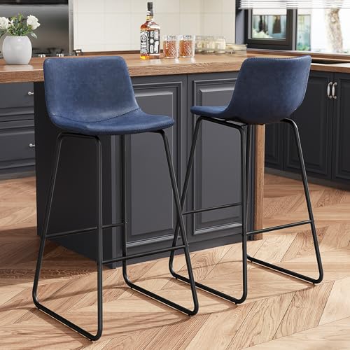 Image of REONEY Bar Stools Set of 3, 30 inch Urban Faux Leather Counter Stools, Navy