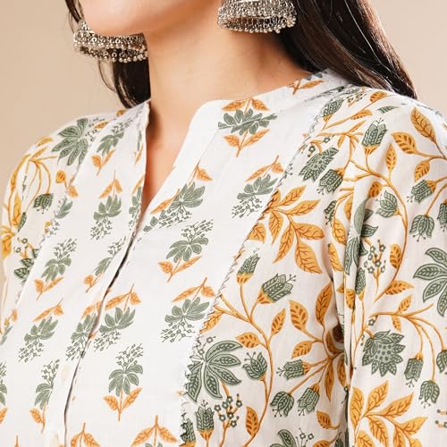 Image of Globus Women Ivory Floral Print A-Line Kurta Set With Trouser-3638388001