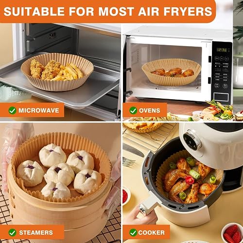 Vailnd 9inch Round Air Fryer Liners Disposable, 125PCS Non-Stick Parchment Paper Liners, Oil Resistant, Waterproof, Food Grade Baking Paper for 5-10 QT Air Fryer Microwave