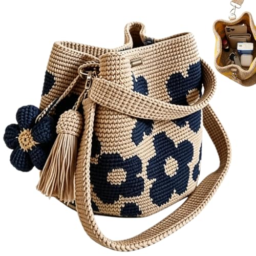 Kryilut Handgehäkelte Blumentasche Handmade Crochet Flower Tote Häkeltasche für Damen Gestrickte Handtasche mit Blumenmuster & Quastenanhänger (Blau)