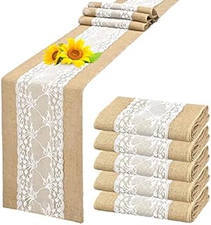 5 Packs Jute Hessian Table Runner 12" x 108", Vintage Lace Sewed Edge Natural Burlap Table Cover for Wedding Party Thanksgiving Event Table Decorations Use (Jute Middle Lace)