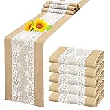 🌺【El paquete incluye】: recibirás 5 caminos de mesa de arpillera de estilo rústico, cada camino de mesa está hecho de yute natural y encaje, mano de obra de tejido fino, elegante encaje perfectamente cosido en el medio del camino de mesa de yute, hecho de un ambiente romántico retro.