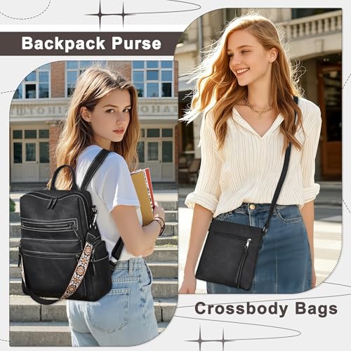 Image of Backpack Purse for Women Pu Leather Travel Backpack Fashion Designer Shoulder Bag Ladies Convertible Handbags (Inky Black)