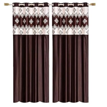 KASHTABHANJAN FURNISHING Abstract Damas Patch Curtains Home Decor Fashion Printed Curtains with Cream Colour Ring (Brown) (5 Feet Window, Pack of 1)