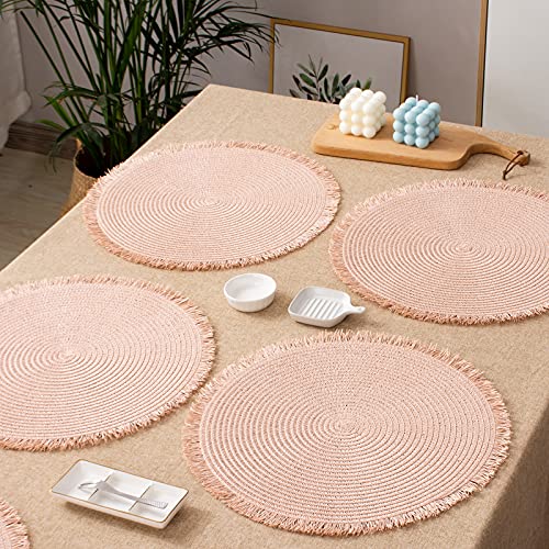 Funwheat Paper Round Braided Placemats Set Of 6 For Dining Tables 15 Inch Heat Resistant Table Mats Farmhouse Woven Fabric Natural Place Mats For Decoration With Tassel(Pink) #TOP5