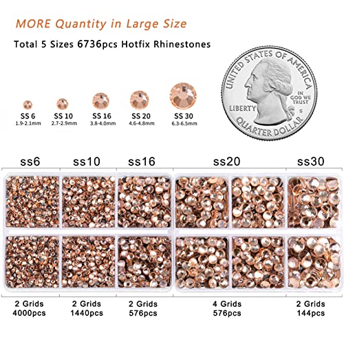 Image of 6736pcs Hotfix Rhinestones Flatback,Light Peach Rhinestones for Crafts Clothes Mixed 5 Sizes, Hotfix Crystals with Tweezers and Wax Pencil Kit, SS6-SS30,Champagne