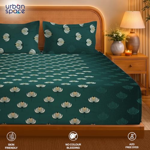 Image of Urban Space Serene 300TC 100% Cotton Bedsheet for Double Bed, Panel Design Bedsheet, Printed Queen Size Bed Sheet with 2 Pillow Covers (90 x 100 Inches, Midnight Lotus Deep Jade Green)