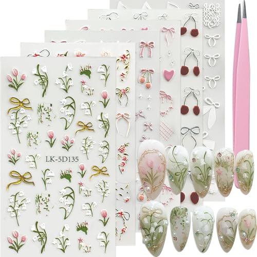 VOTACOS Flower Nail Art Stickers 5D Embossed Flower Nail Decals Spring...