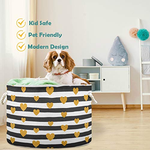 Image of visesunny Collapsible Large Capacity Basket Gold Heart Black White Striped Clothes Toy Storage Hamper with Durable Cotton Handles Home Organizer Solution for Bathroom, Bedroom, Nursery, Laundry,Closet