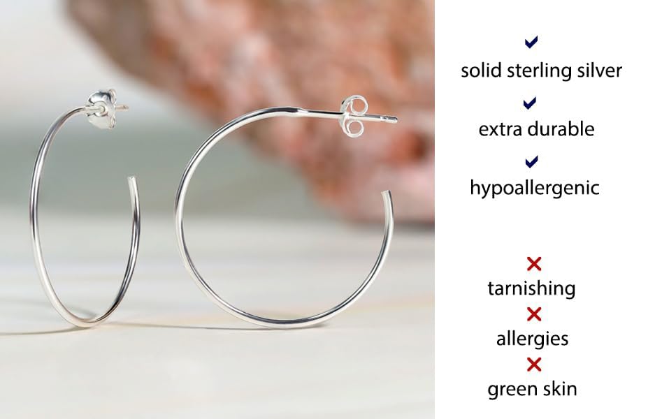 Hoops & Loops 925 Sterling Silver Open 1.5mm Thin Polished Round C-Hoop Earrings for Women, Silver, Yellow, Rose Gold, Black 15mm-40mm2