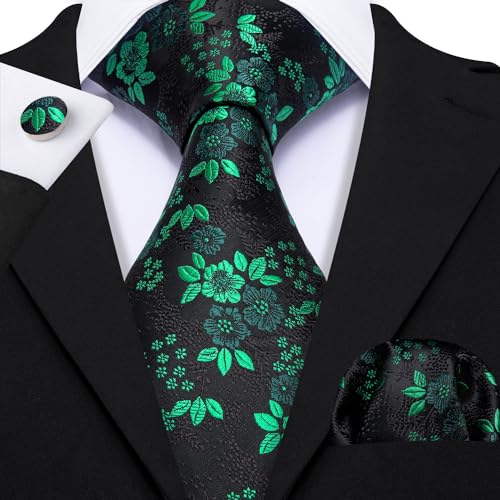 Image of Barry.Wang Flower Ties for Men Handkerchief Cufflinks Set Wedding Necktie Set Party