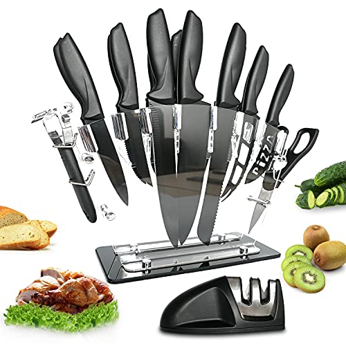 Cnstorm Knife Set Block,17 Pcs Kitchen Sharp High-Carbon Stainless Steel Contain Steak, Sharpener, Vegetable Peeler Knife Clear Acrylic Stand, Gifts Idea