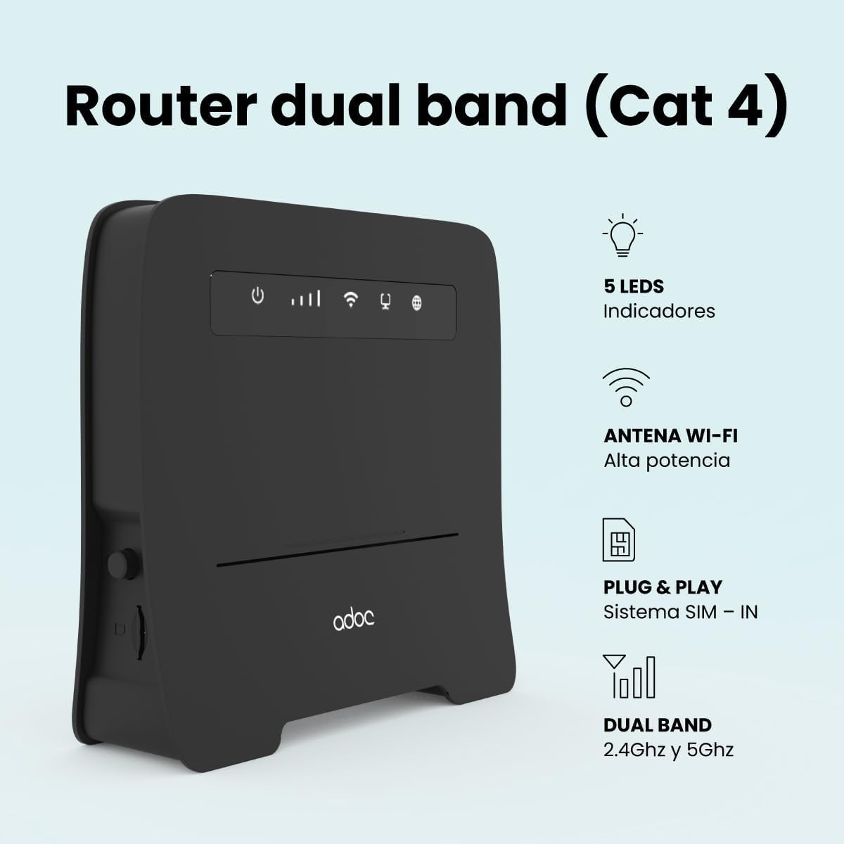 Router ADOC R45, 4G Cat 4, Velocidad de WiFi Superior a 300mbps, Compatible con FDD/TDD-LTE, UMTS, Edge/GPRS/gsm, Soporta Volte, 4 Puertos Ethernet LAN/WAN y 2 Puertos RJ11.