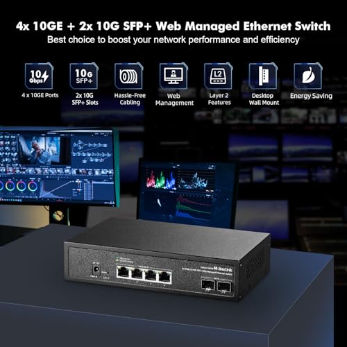Image of MokerLink 6 Port 10Gbps Managed Switch, 4x10G Etheret RJ45, 2x10G SFP+ Support 1G and 10G SFP+, 120Gbps Bandwidth, Small L2 Web Managed Network Switch