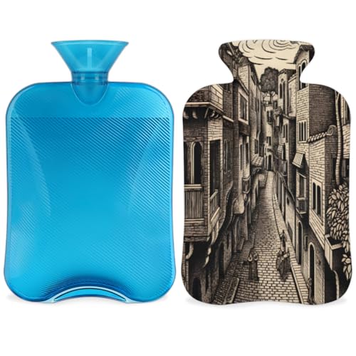 Hot Water Bottle with Soft Cover,2L Modern City Hot Water Bag for Hot and Cold Compress, Hand Feet Warmer, Fantastic City Rubber Hot or Cold Water Bottle Halloween Christmas Decorations