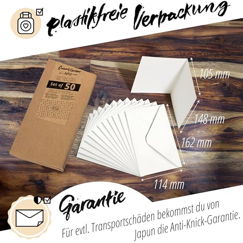 Japun - 50er Set blanko Falt-Karten inkl. Briefumschläge, Klapp-Karten zum gestalten, beschriften oder bedrucken - DIN A6 / C6 - weiß