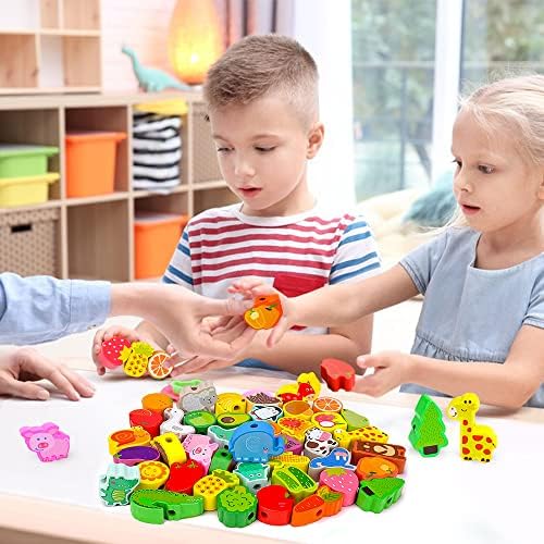 GEEKEO Threading Toys for 2 Year Olds Toddlers, Animals Vegetables Fruits Wooden String Lacing Beads Toys, Montessori Educational Threading Beads for 2 3 4 5 Year Olds Boys Girls Preschool Kids
