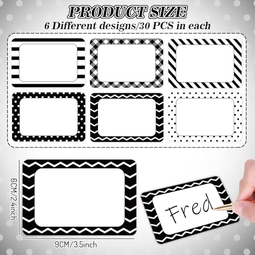 Image of Whaline 180 Pcs Back to School Name Tag Stickers Self-Adhesive Nameplate Decal Black White Polka Dot Stripe Plaid Blank Name Label for School Classroom Bulletin Board Desk Wall Decor