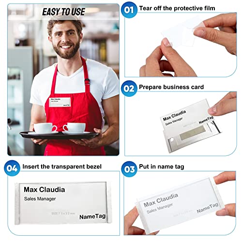 FIVAVA 10 STÜCK Namensschilder für Kleidung - Magnet Namensschild mit Papiereinschub, Transparent, Modisch Gewölbt, 75 x 32 mm, Silber