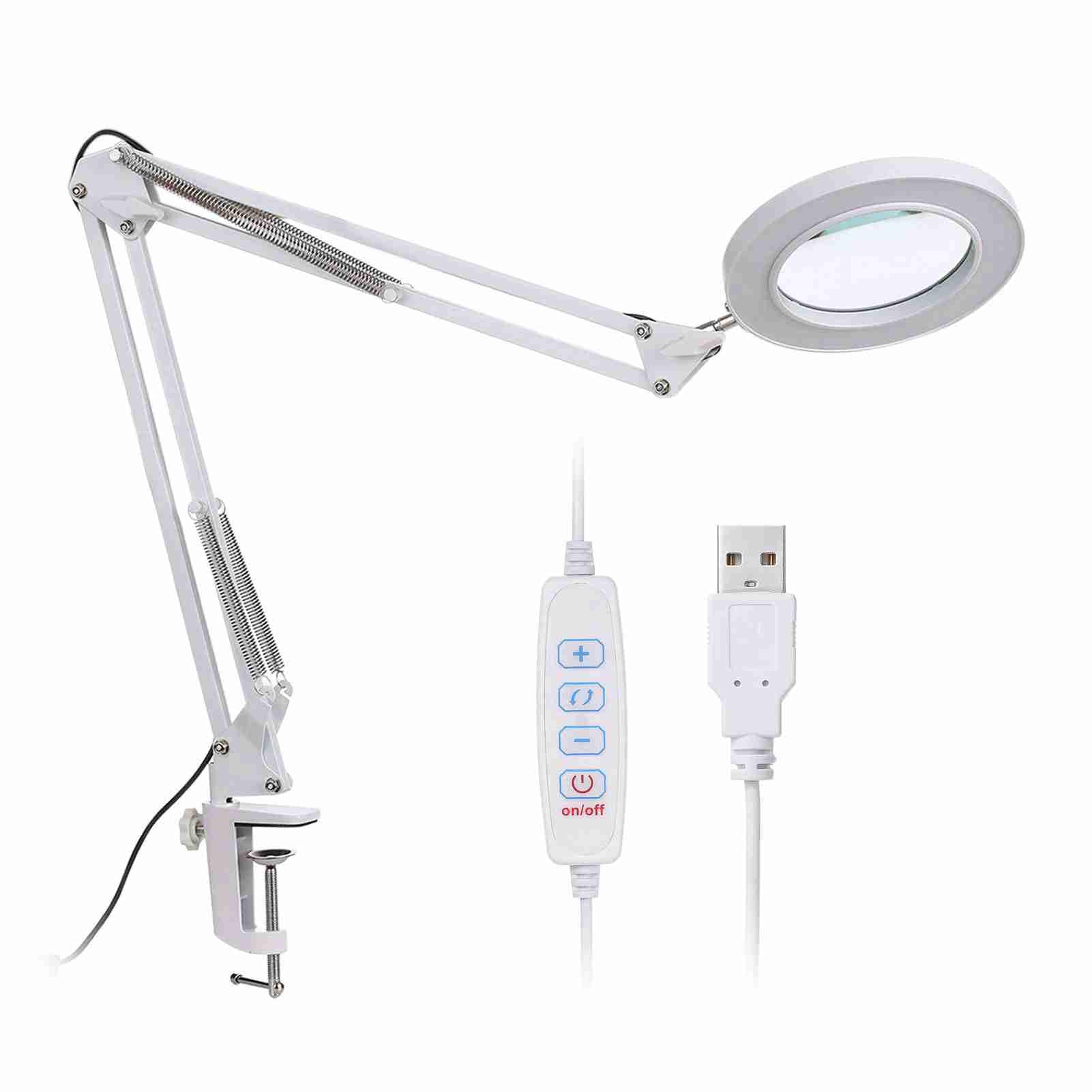 Lampe Loupe à LED avec Pince,Lampe Loupe LED sur Pied,8X Grossissements,Bras Pivotant,72 LED,3 Modes de Couleur, 10 Niveaux D'intensité Réglable, Port USB