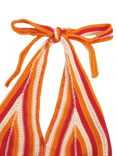 Verdusa Women's Colorblock Striped Crop Halter Top Tie Backless V Neck Going Out Tops Orange Red Small - Image 3