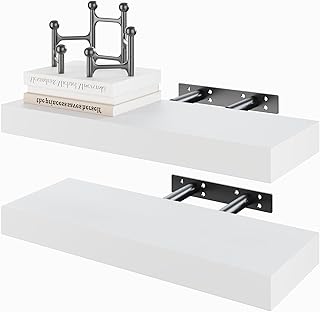 BAMEOS Lot de 2 &eacute;tag&egrave;res flottantes en Bois Blanches avec Pinces Invisibles - D&eacute;coration Murale pour Chambre &agrave; Coucher, Salle de Bain, Salon et Cuisine