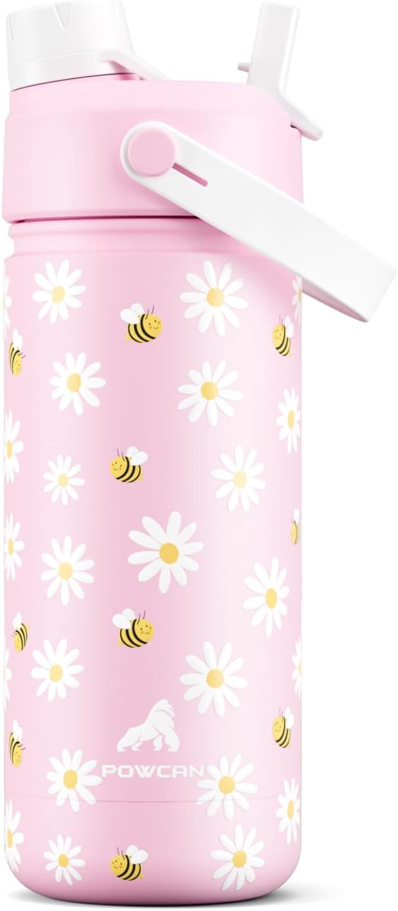18 oz kids water bottle with straw and handle: Leak Resistant, BPA-Free, Keep Cold 24H, Quick-Flip Straw Lid, Double Wall Stainless Steel Cup for School, Family Trip, Outdoors, Gift (Pollen Party)