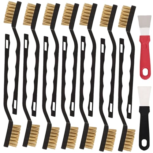 Jikvmis 12 Pcs Mini Brass Brush Set Brass Scratch Brush with Curved Handle