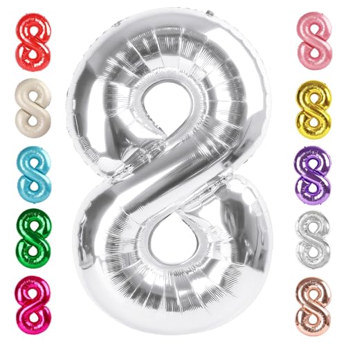 Image of 8 Balloon Numbers Birthday Decorations, 40In Silver Balloons for Men Women | Eye-catching Appearance, Perfect Decorative Centerpieces, Convenient Self-sealing Structure, Widely for Various Occasions